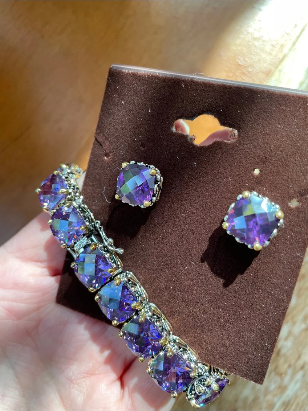 Purple Crystal Bracelet and Stud Earring Set - Elegant Women's Accessories